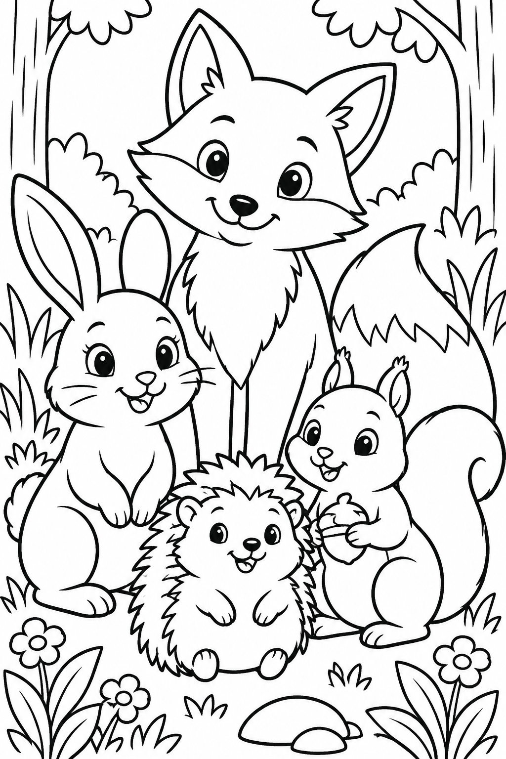 AI coloring page: Cute fox, rabbit, squirrel, and hedgehog together in a simple woodland clearing. — free printable line art
