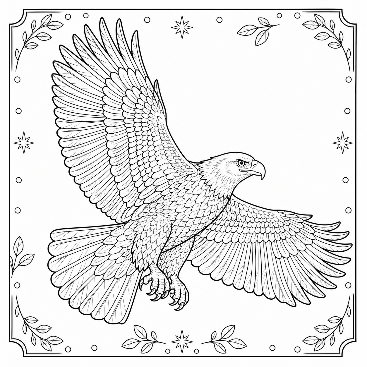 Free AI coloring page: a detailed eagle in flight — black and white printable line art