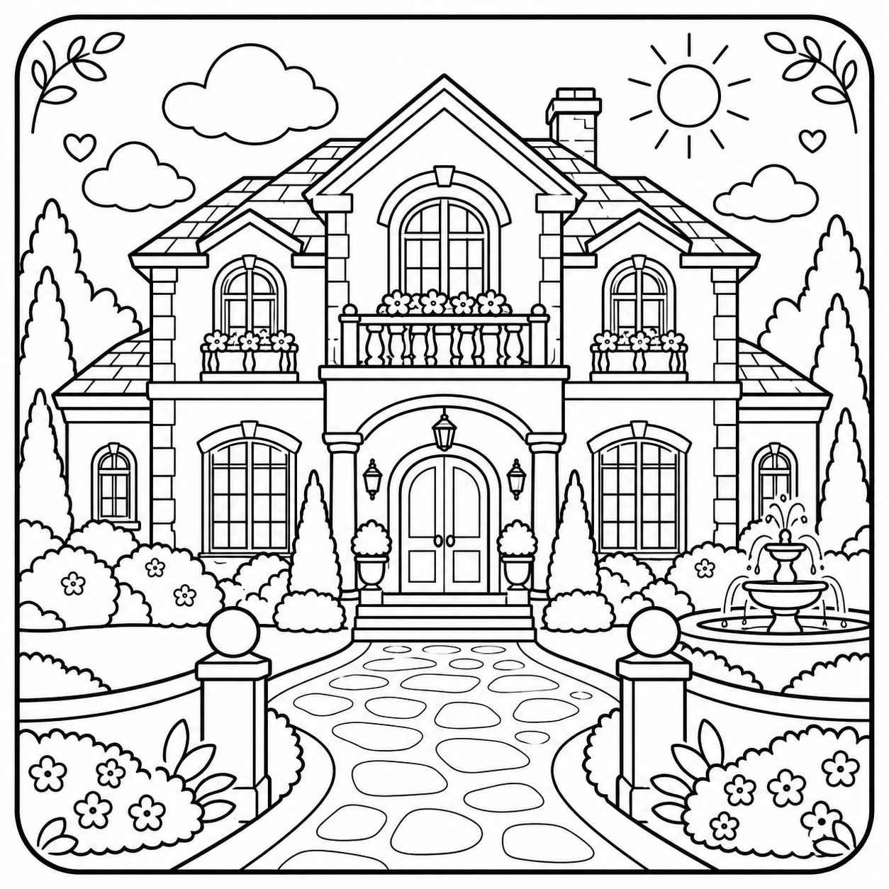 AI coloring page: I want you put in a square with round corners a drawing of a luxury house don’t  — free printable line art