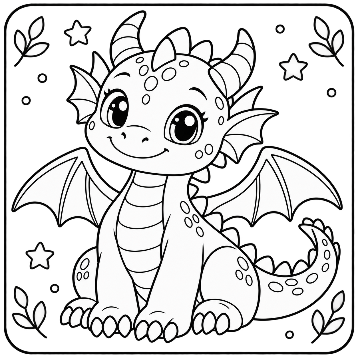 AI coloring page: I want you put in a square with round corners a drawing of dragon don’t put any  — free printable line art