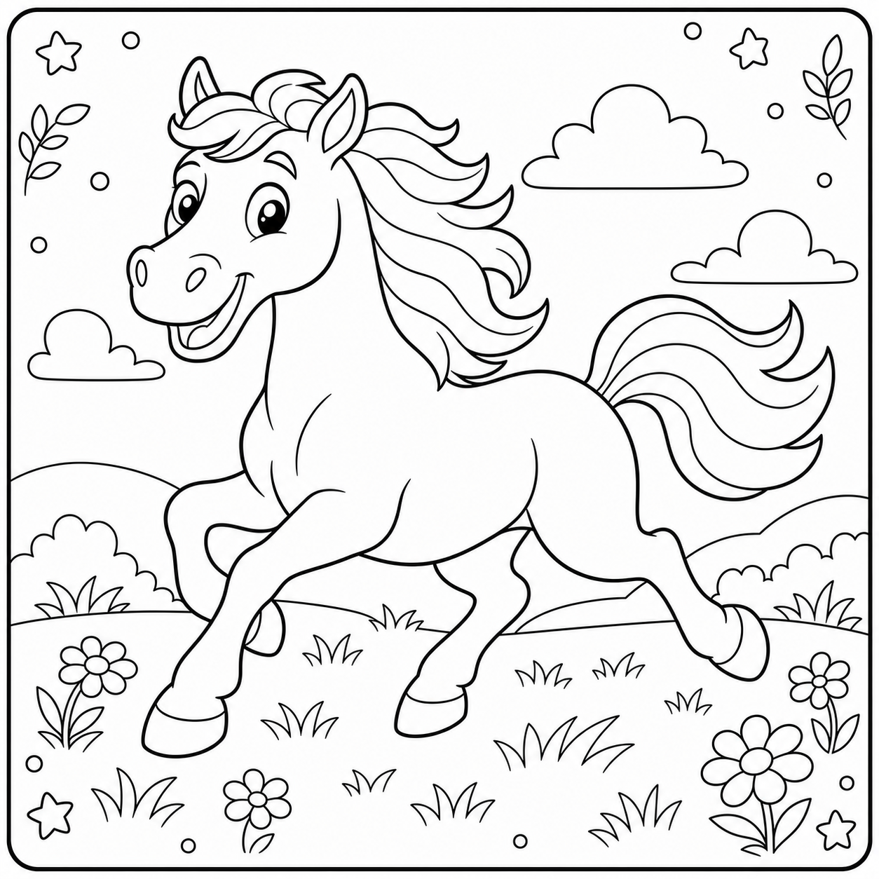 AI coloring page: a horse galloping in a field — free printable line art