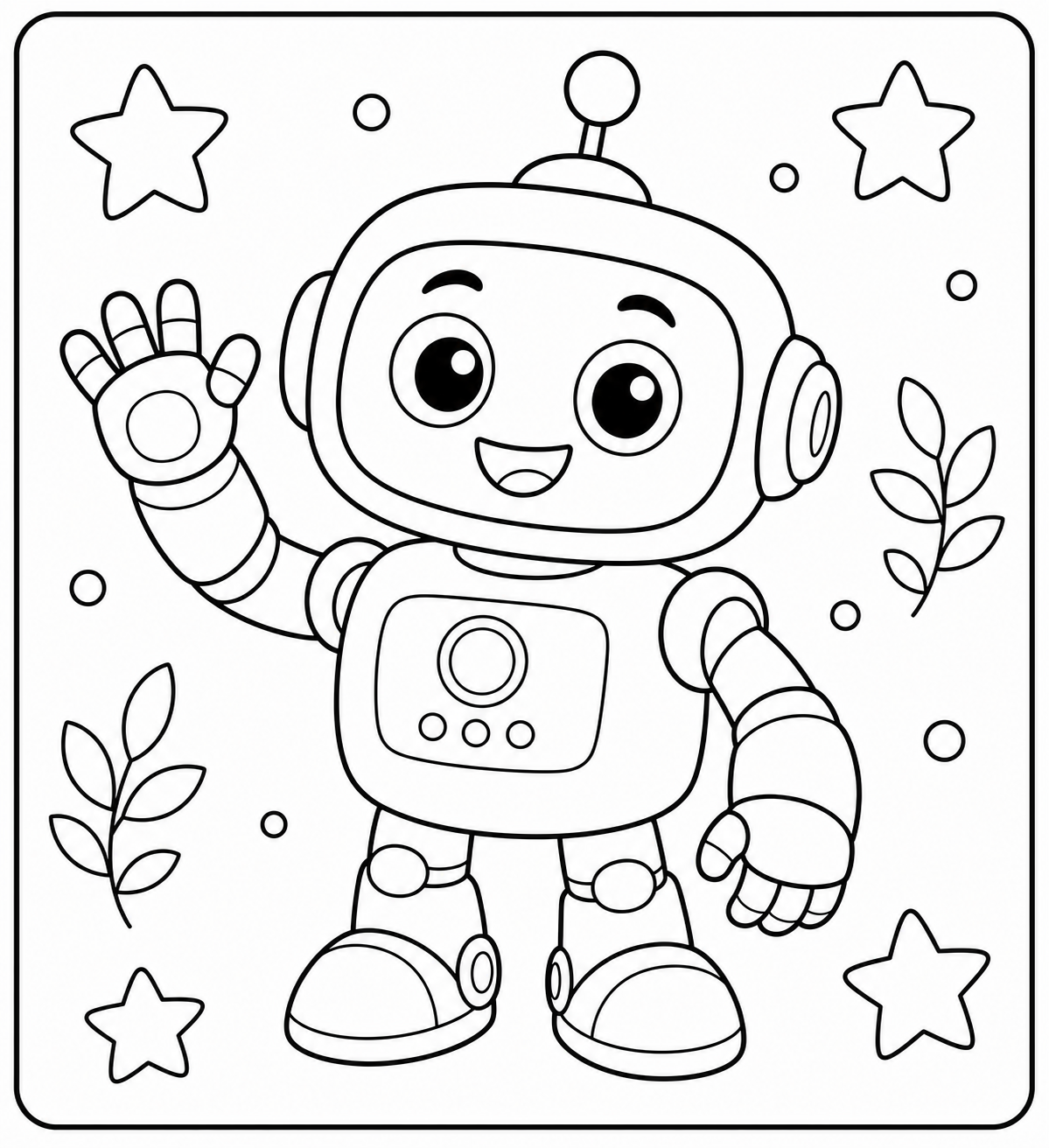 Free AI coloring page: a robot waving hello — black and white printable line art
