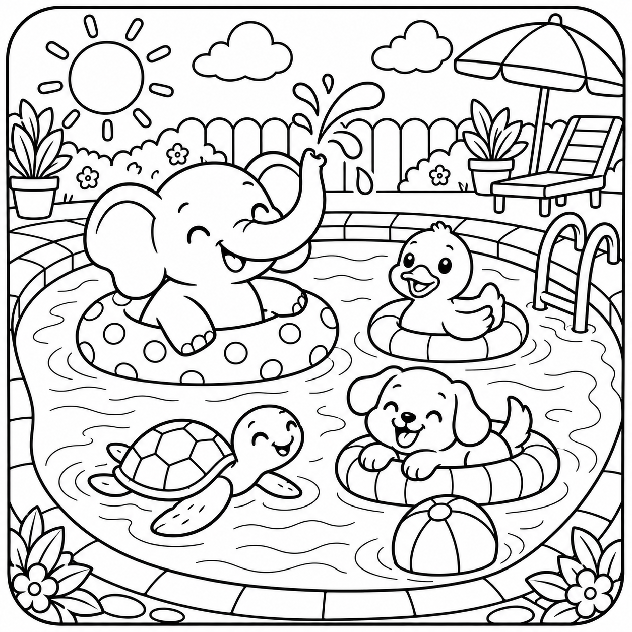 AI coloring page: I want you put in a square with round corners a drawing of a pool  with some ani — free printable line art