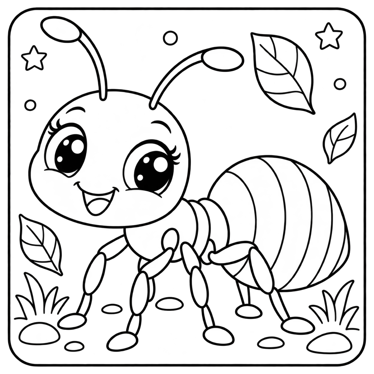 AI coloring page: I want you put in a square with round corners a drawing of a cute ant don’t put  — free printable line art