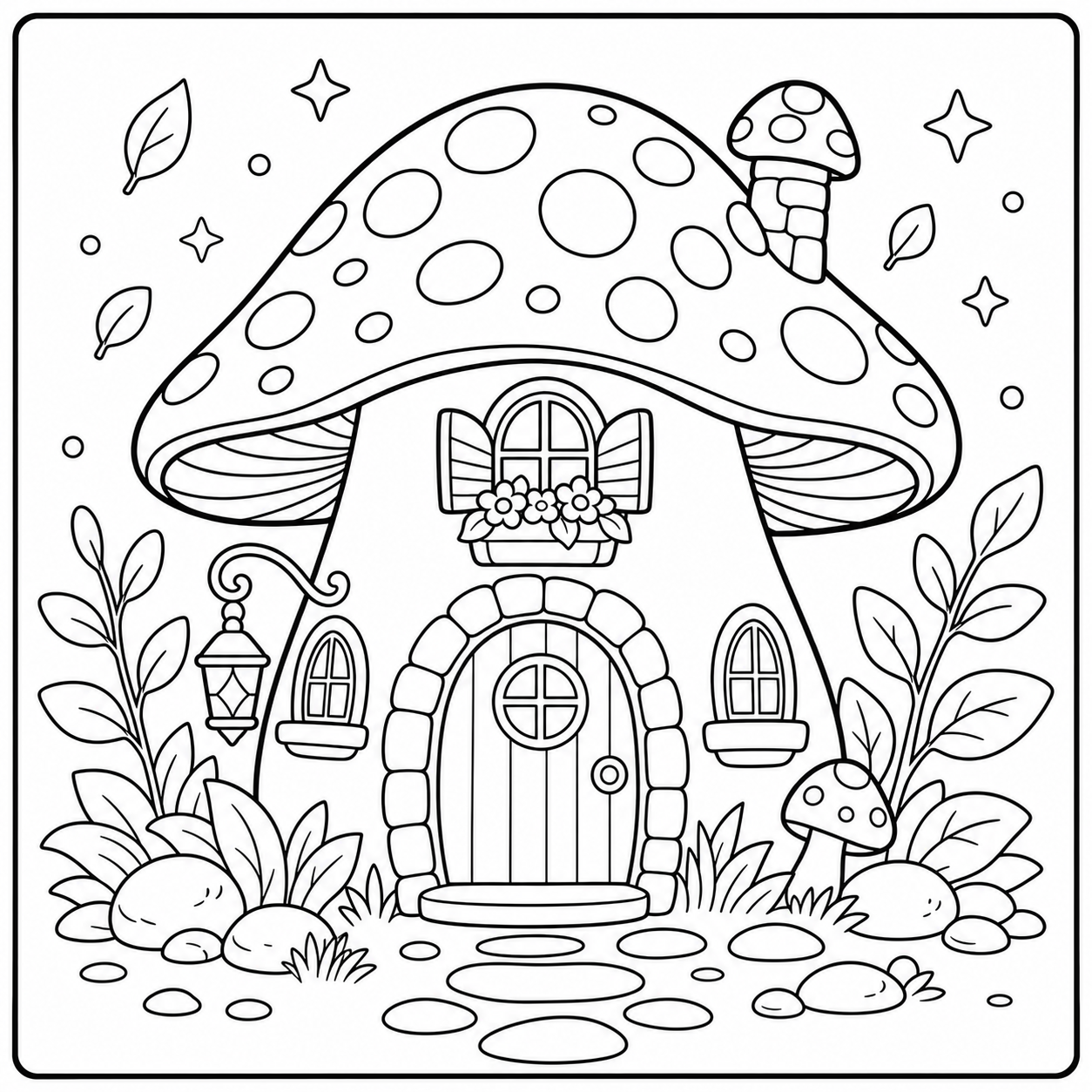 AI coloring page: a mushroom house in the woods — free printable line art