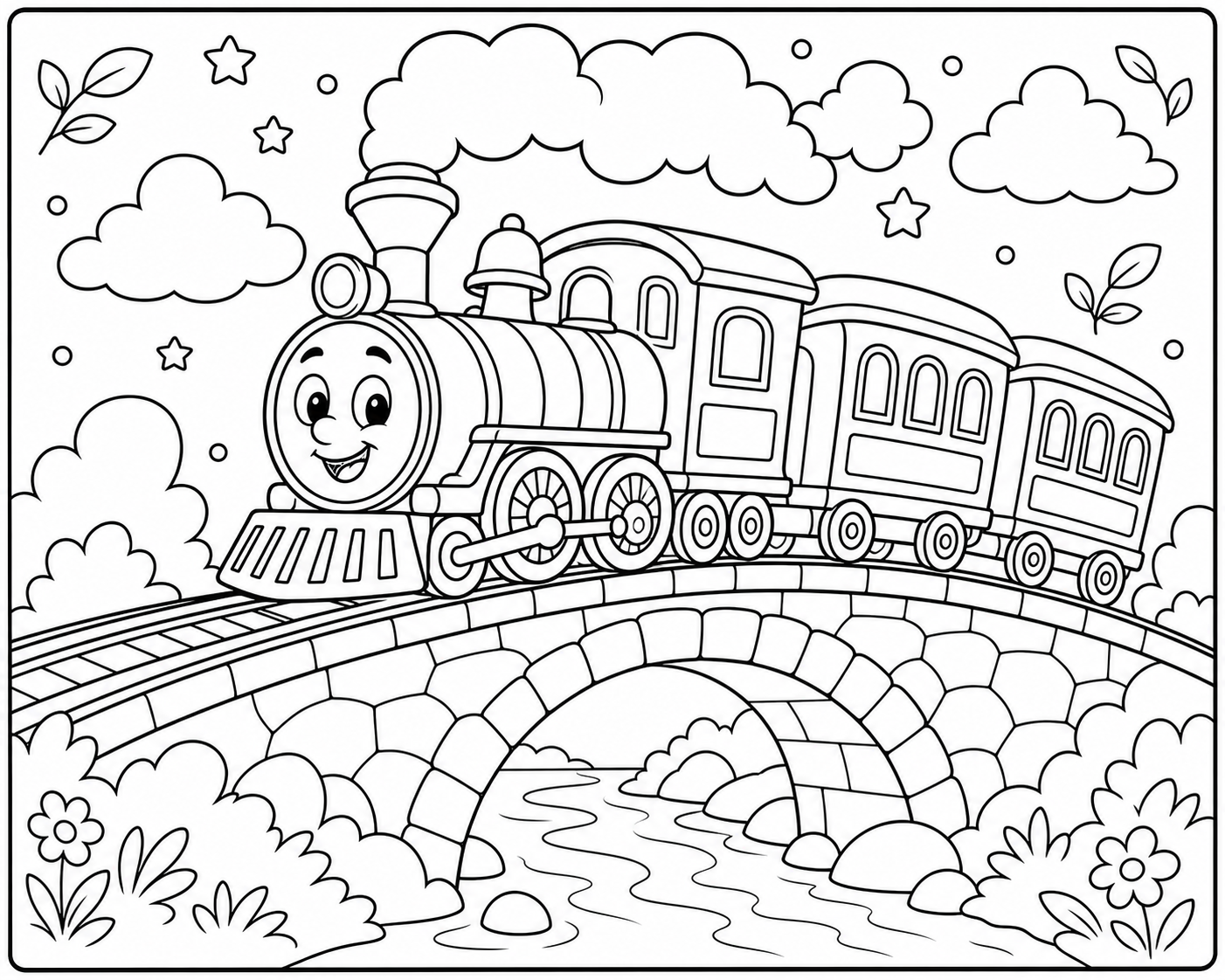 Free AI coloring page: a steam train crossing a bridge — black and white printable line art