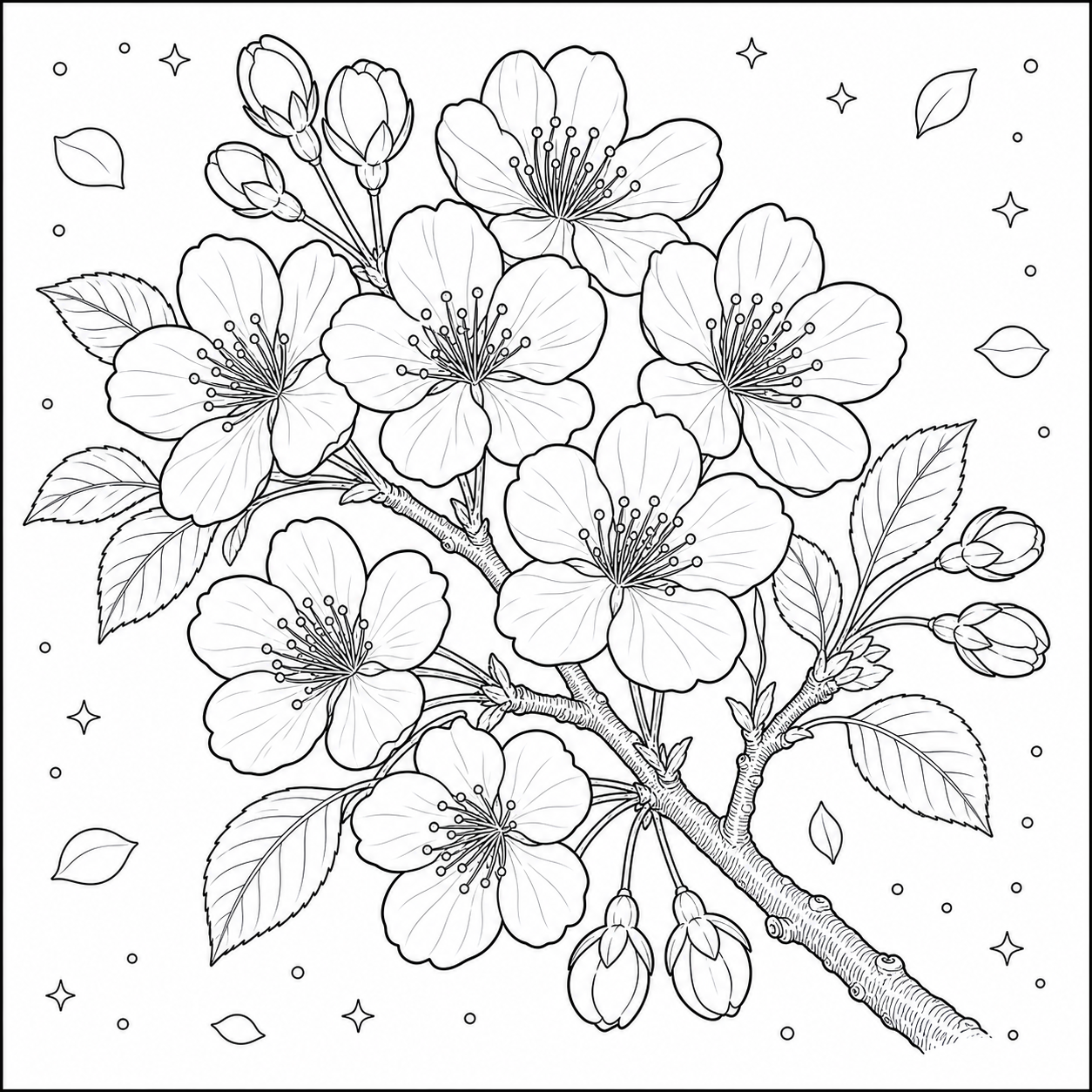 AI coloring page: a cherry blossom branch in bloom — free printable line art