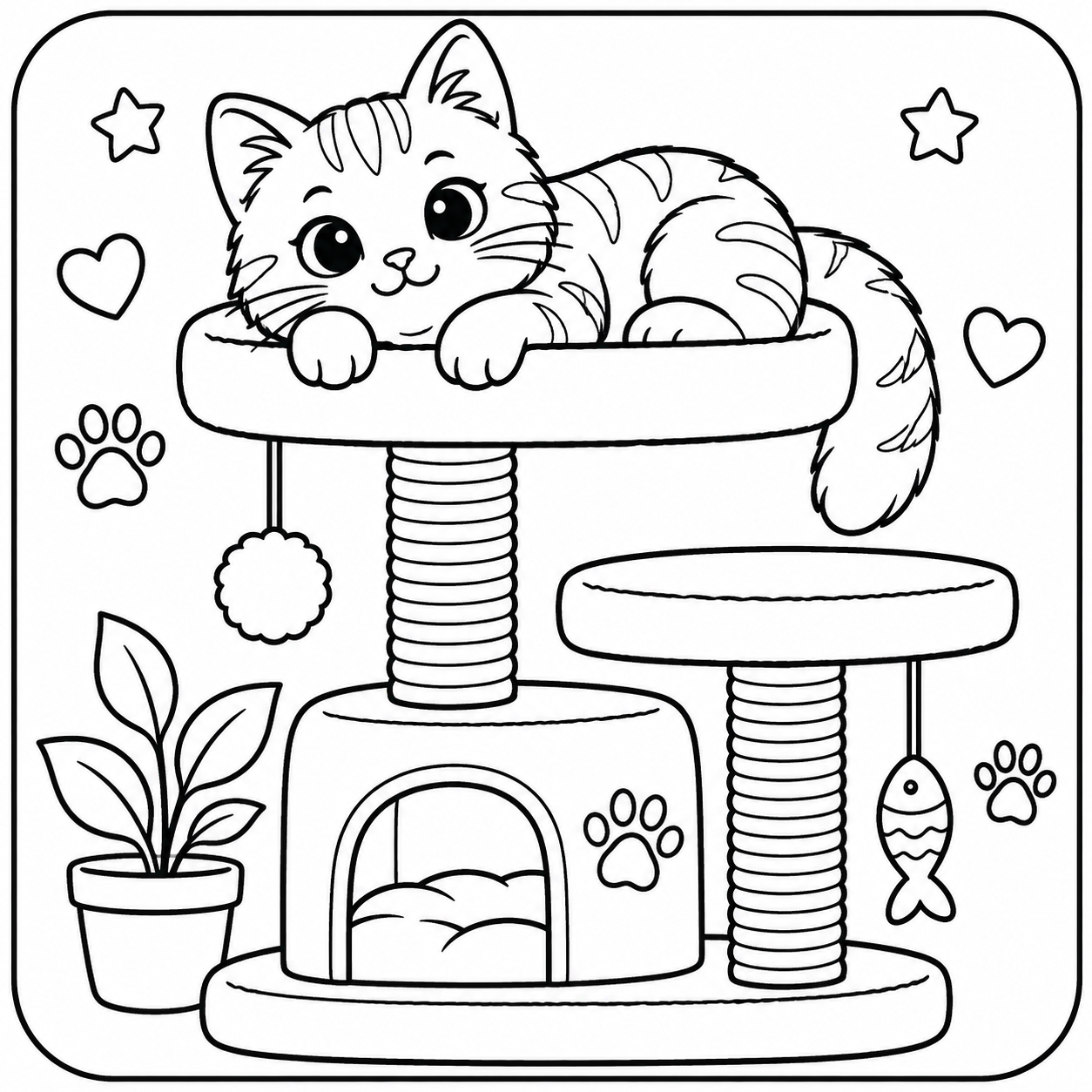 AI coloring page: I want you put in a square with round corners a drawing of a cute cat on a cat t — free printable line art