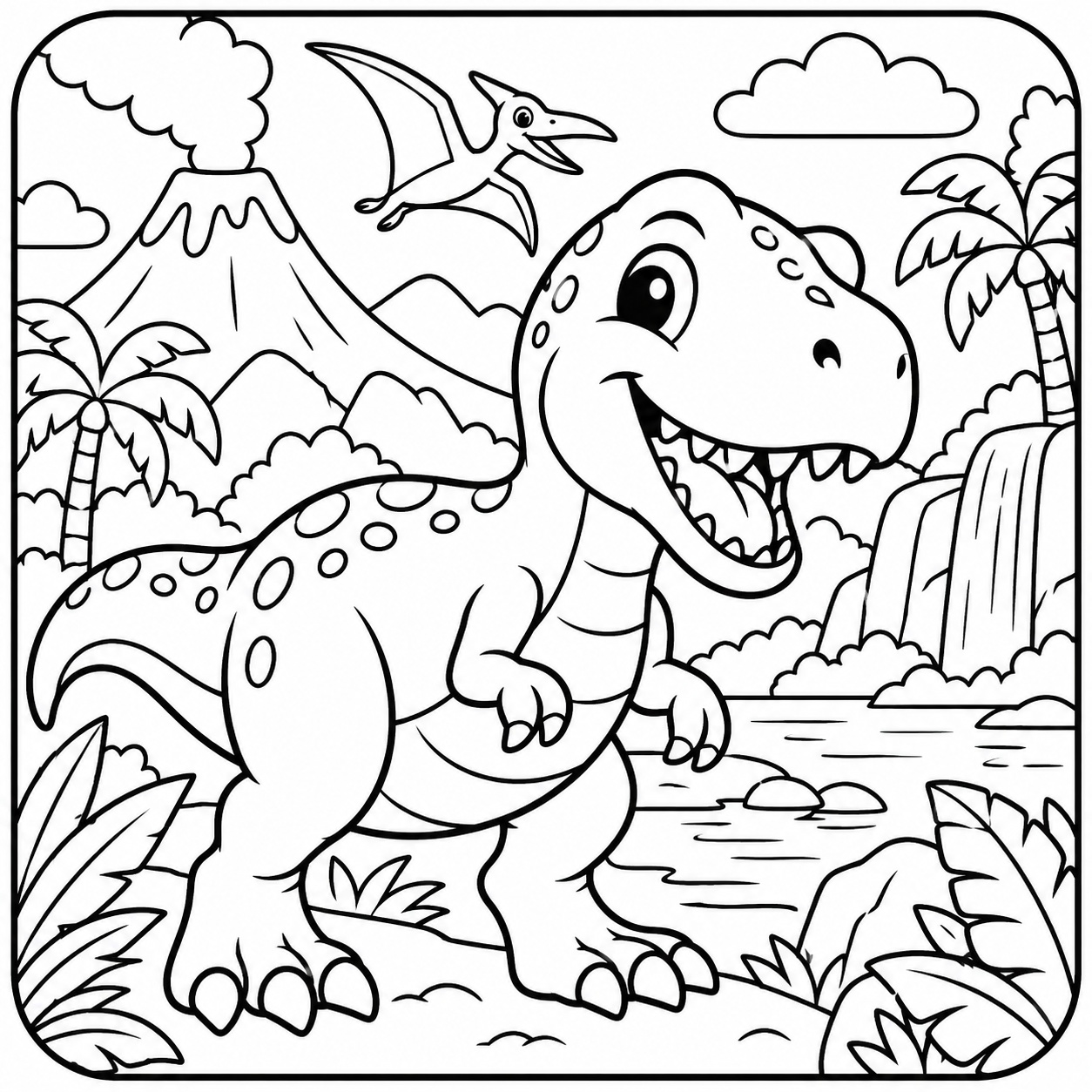 AI coloring page: I want you put in a square with round corners a drawing of dinosaur don’t put an — free printable line art