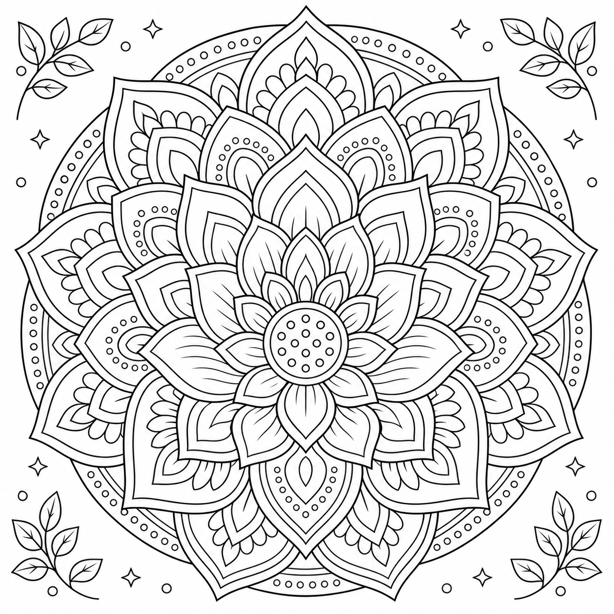 AI coloring page: a relaxing lotus flower mandala — free printable line art