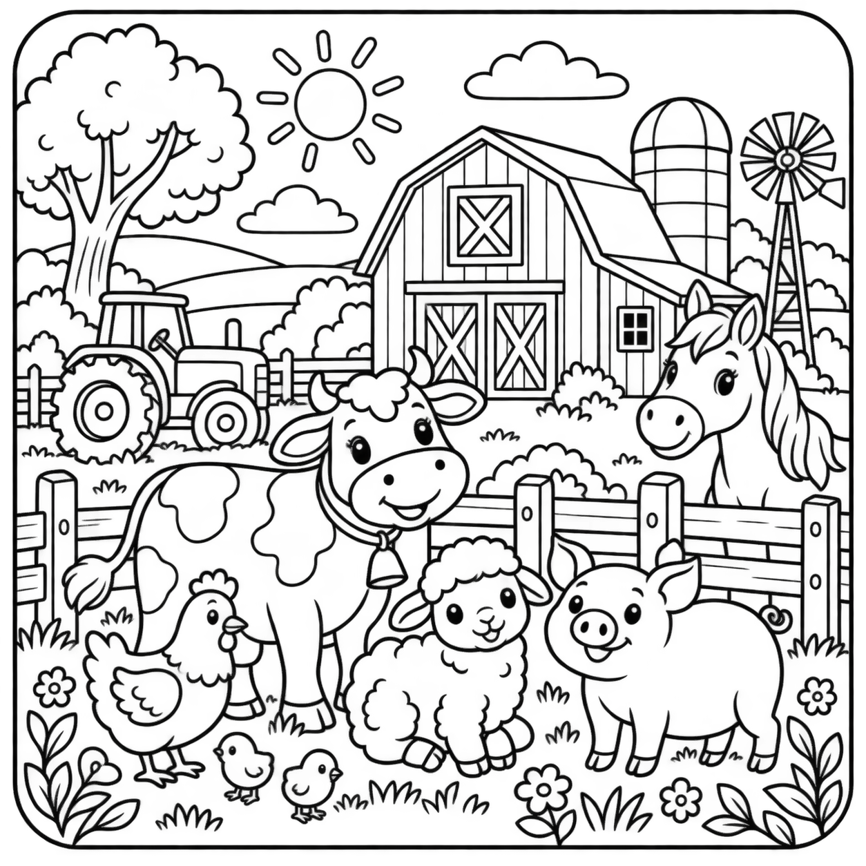 AI coloring page: I want you put in a square with round corners a drawing of a farm don’t put any  — free printable line art