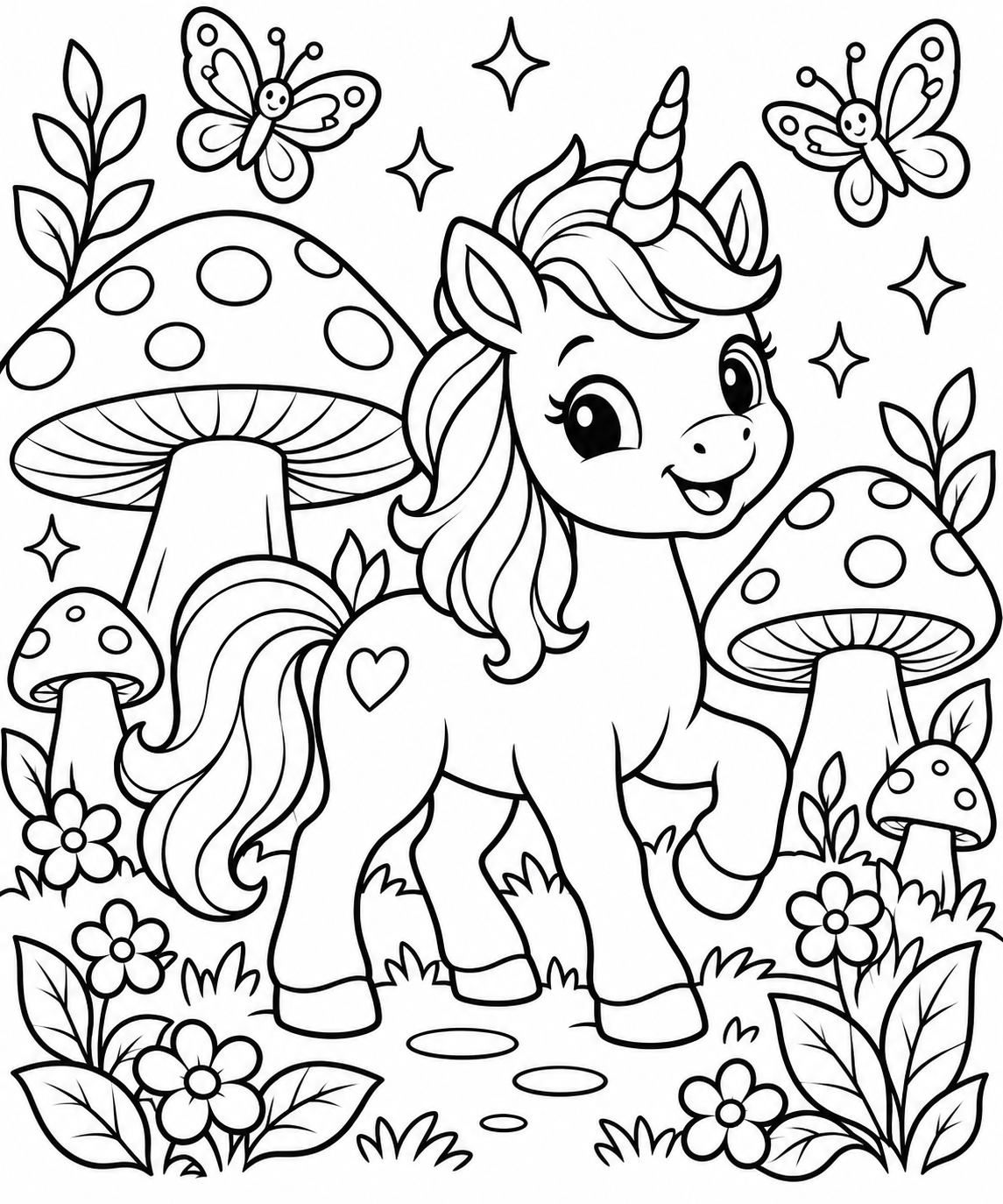 AI coloring page: A cute baby unicorn exploring a magical mushroom forest, surrounded by large fri — free printable line art