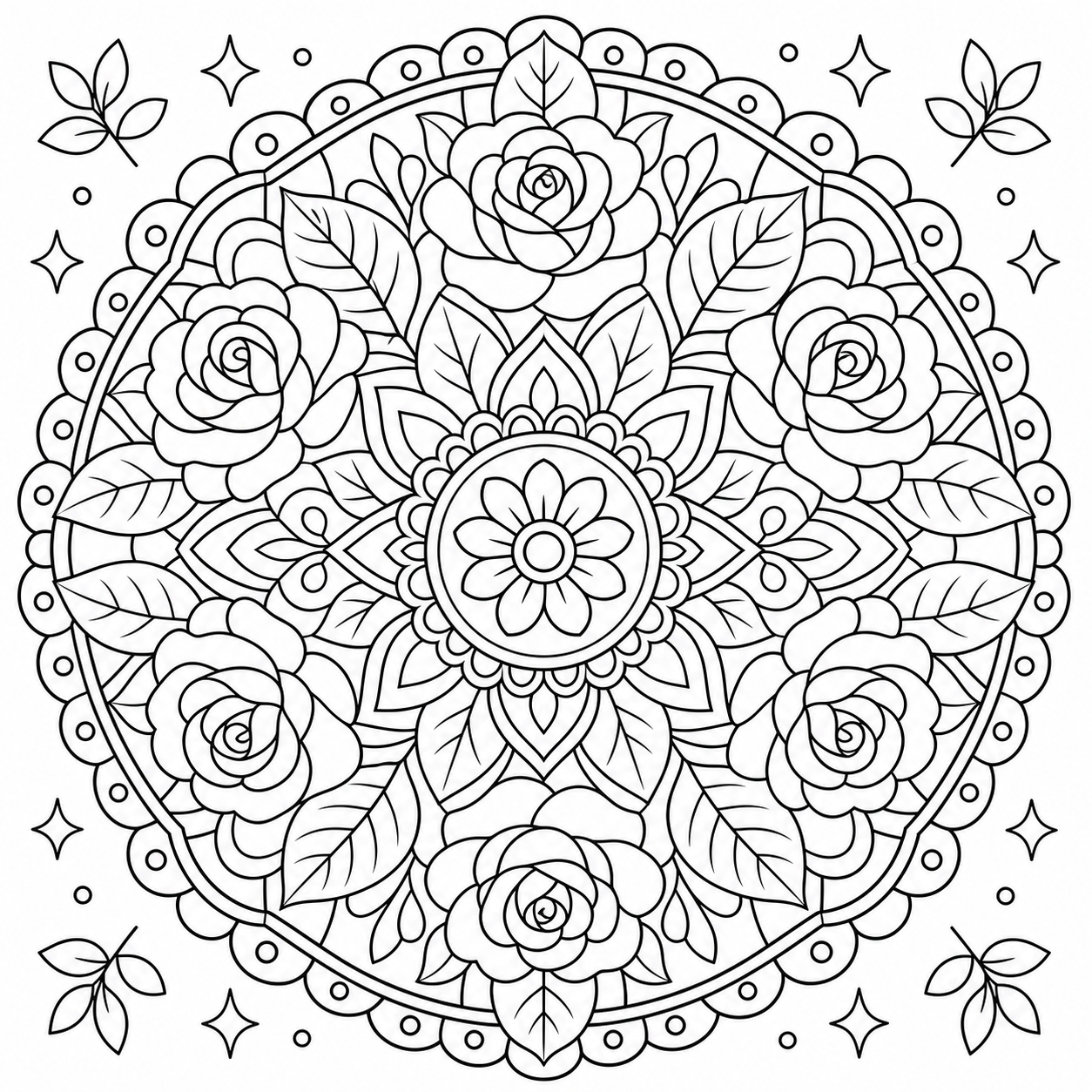 AI coloring page: a floral mandala with roses and leaves — free printable line art