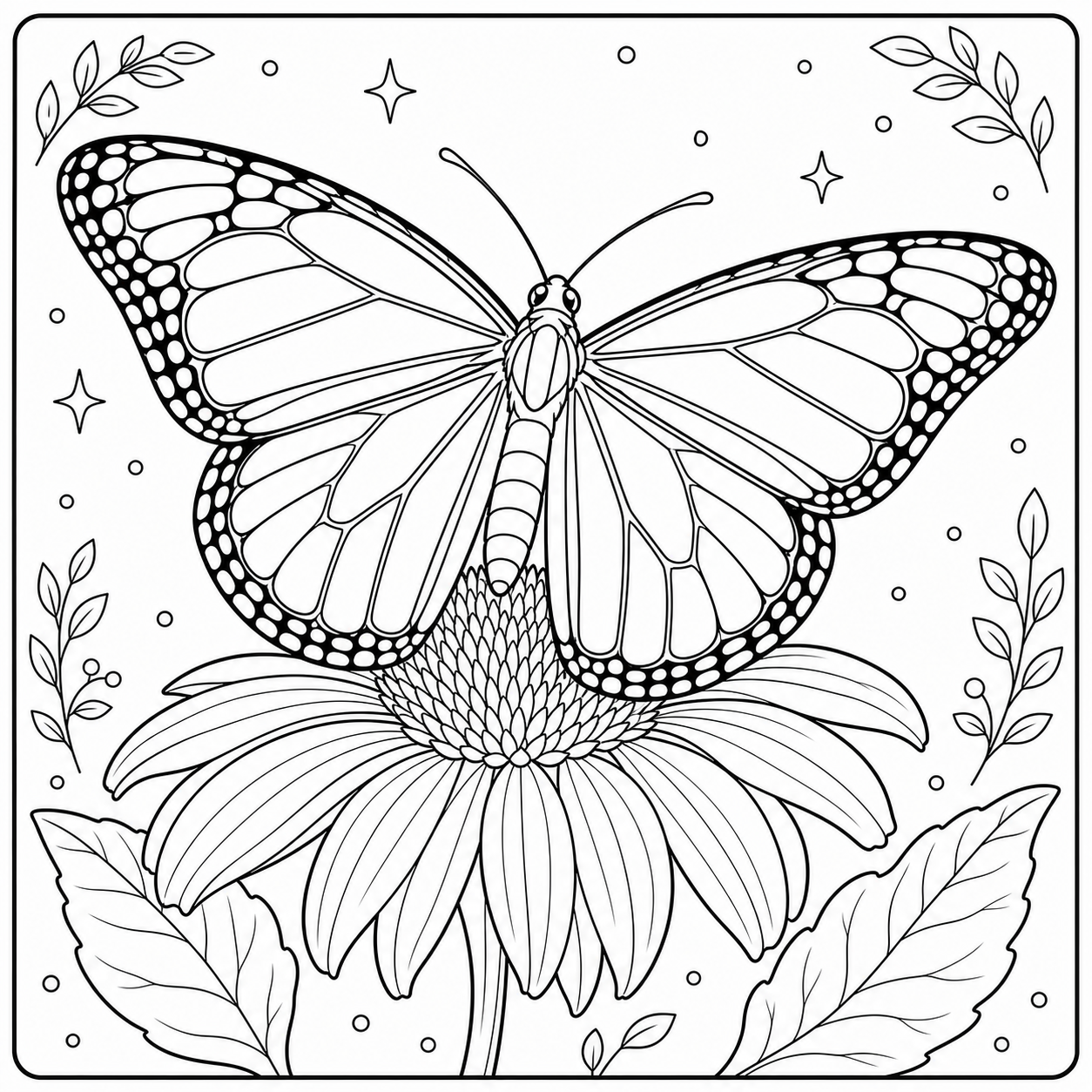 AI coloring page: a monarch butterfly on a flower — free printable line art