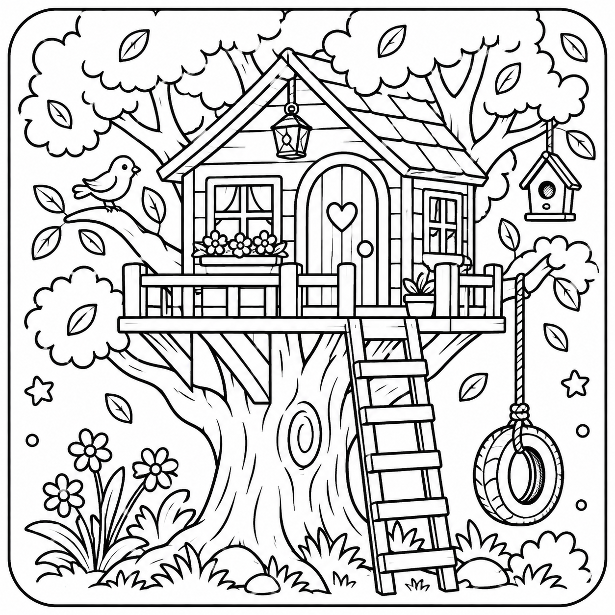 AI coloring page: I want you put in a square with round corners a drawing of a cozy tree house don — free printable line art
