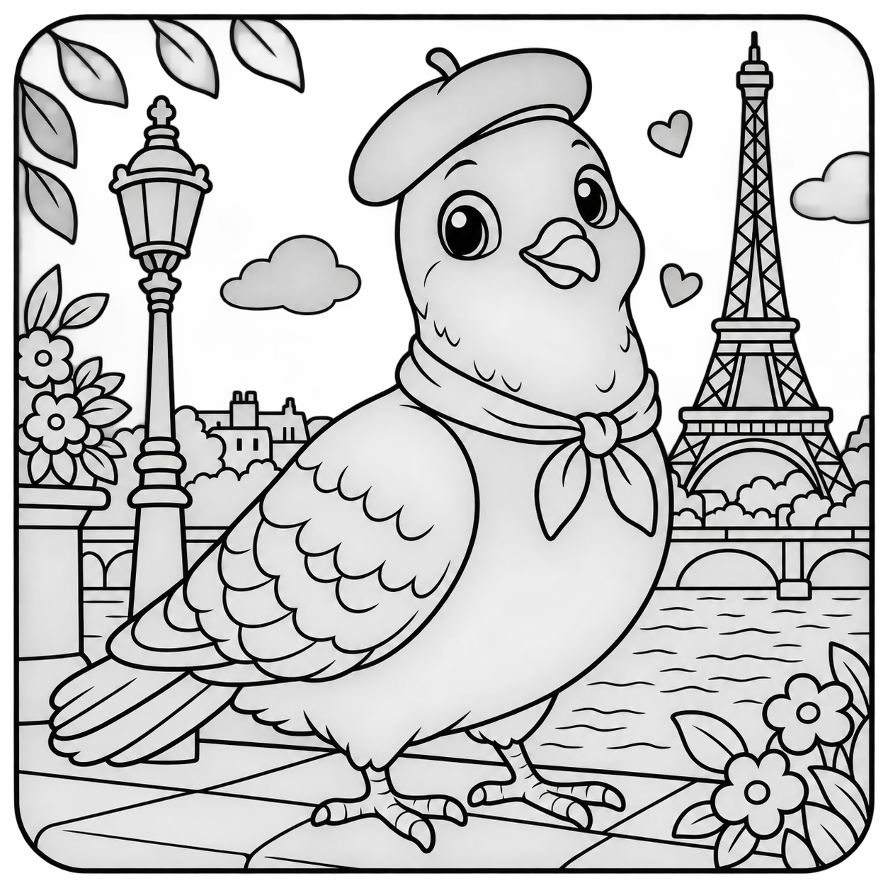 AI coloring page: I want you put in a square with round corners a drawing of pigeon don’t put any  — free printable line art