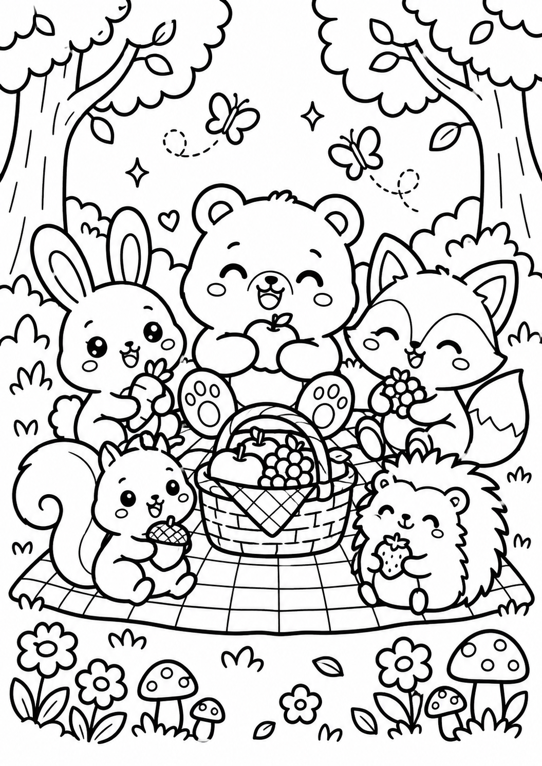 AI coloring page: Cute woodland animals having a picnic in a magical forest clearing: a friendly b — free printable line art