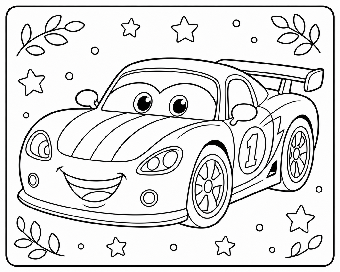 AI coloring page: a friendly race car — free printable line art