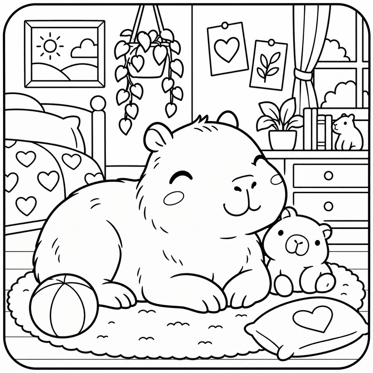 AI coloring page: I want you put in a square with round corners a drawing of a cut capybara in his — free printable line art