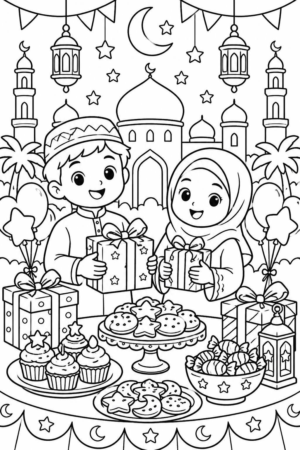 AI coloring page: Islamic coloring book page for children ages 3-8, black and white line art only, — free printable line art