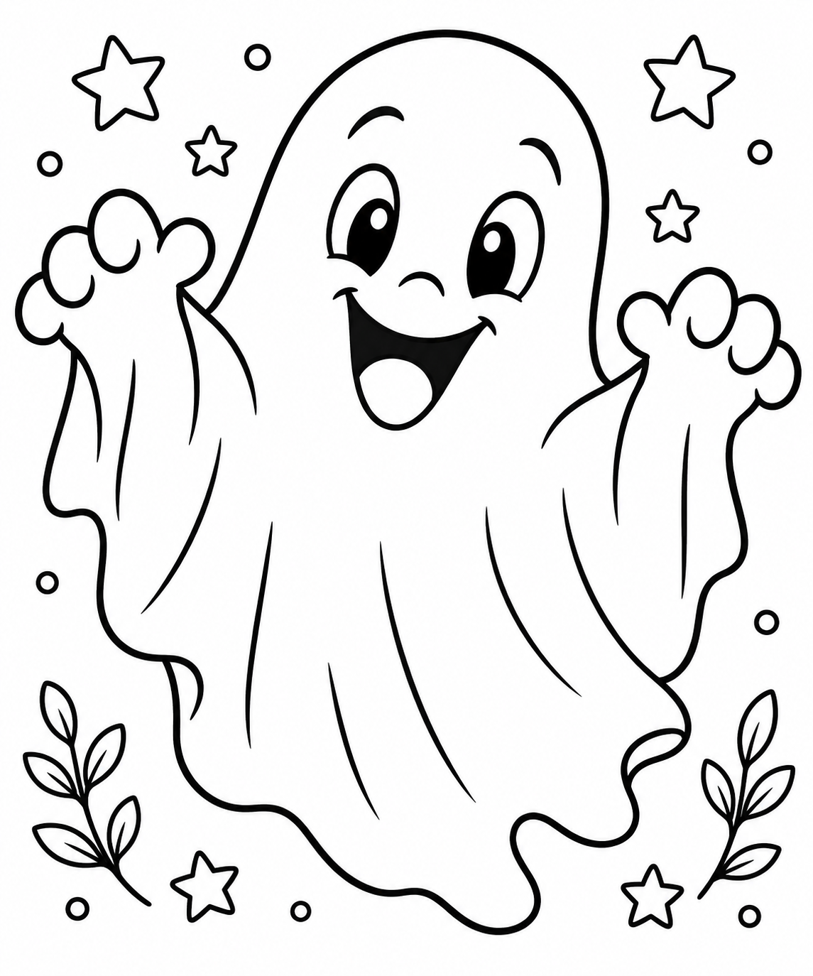 AI coloring page: a friendly ghost saying boo — free printable line art