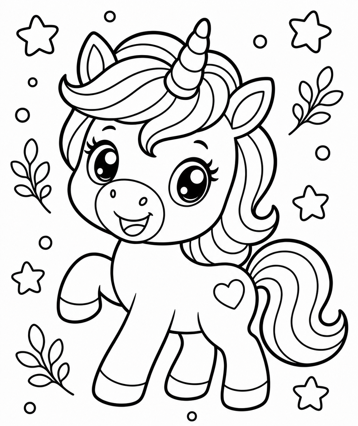 AI coloring page: a baby unicorn with a rainbow mane — free printable line art