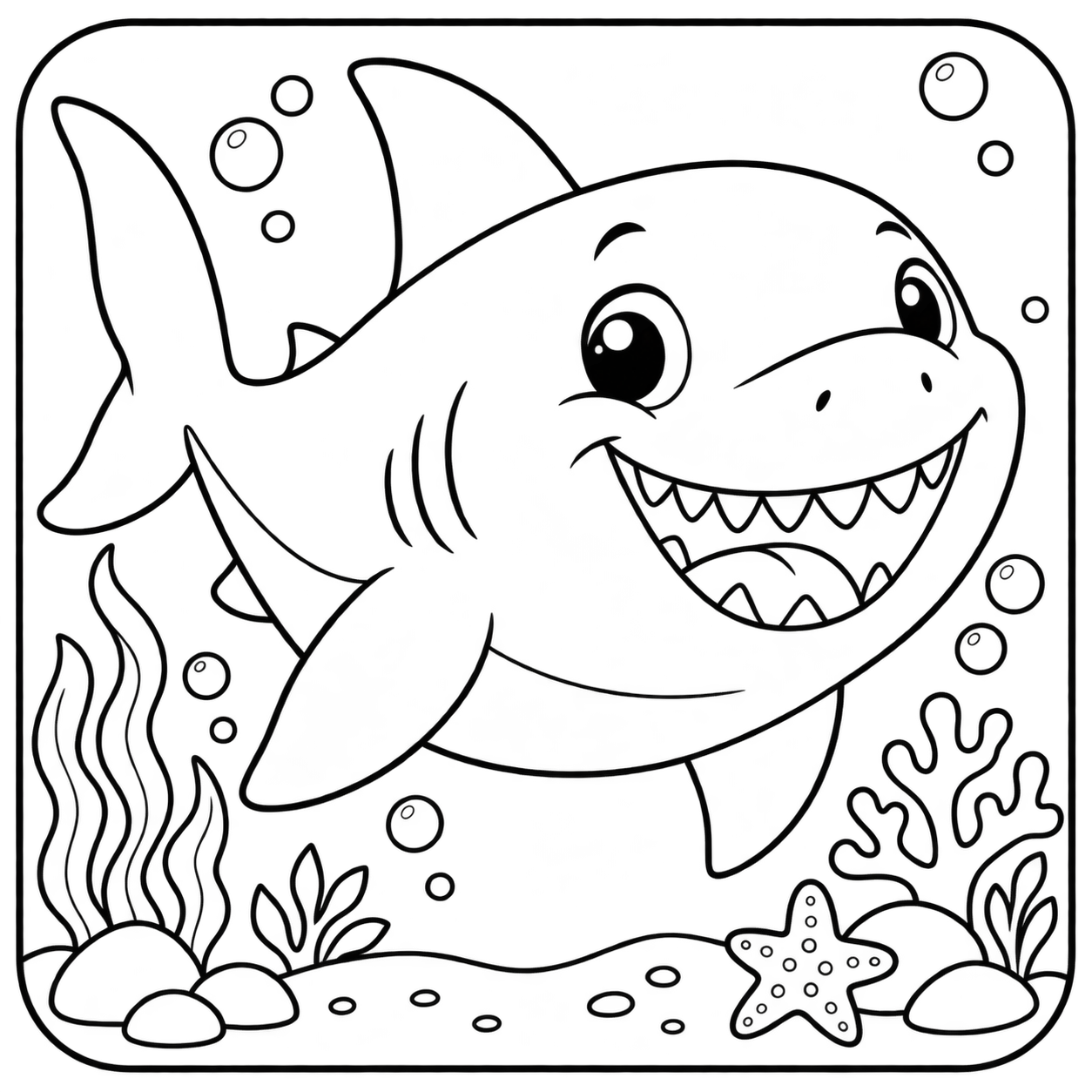 AI coloring page: I want you put in a square with round corners a drawing of a shark don’t put any — free printable line art