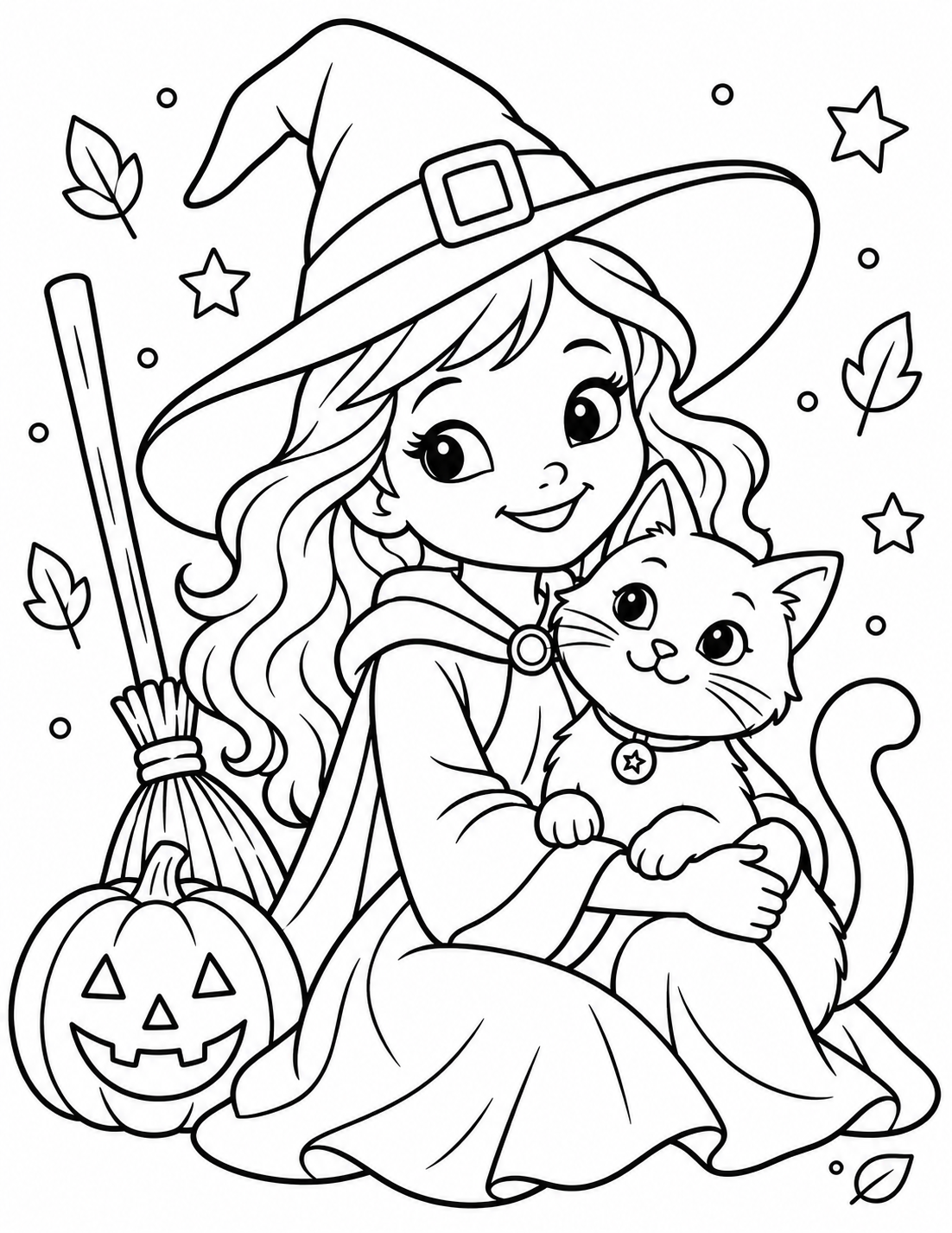 AI coloring page: 8.5x11 inch image of a cute witch with a cat — free printable line art