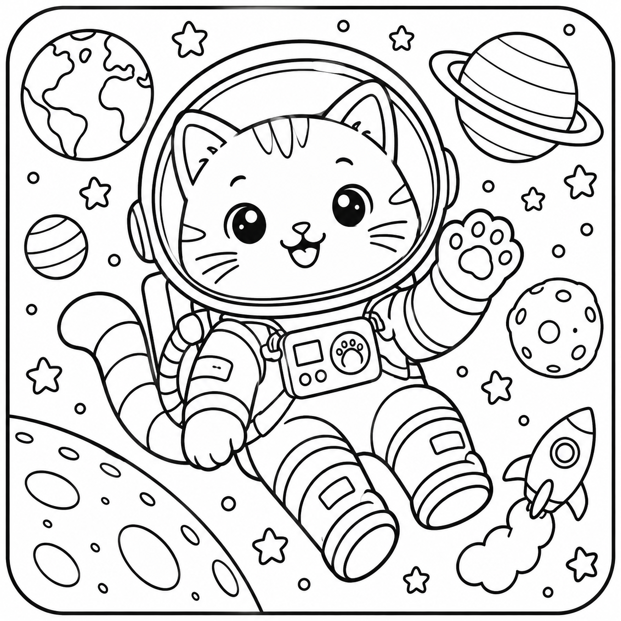AI coloring page: I want you put in a square with round corners a drawing of a astronaut cat in sp — free printable line art