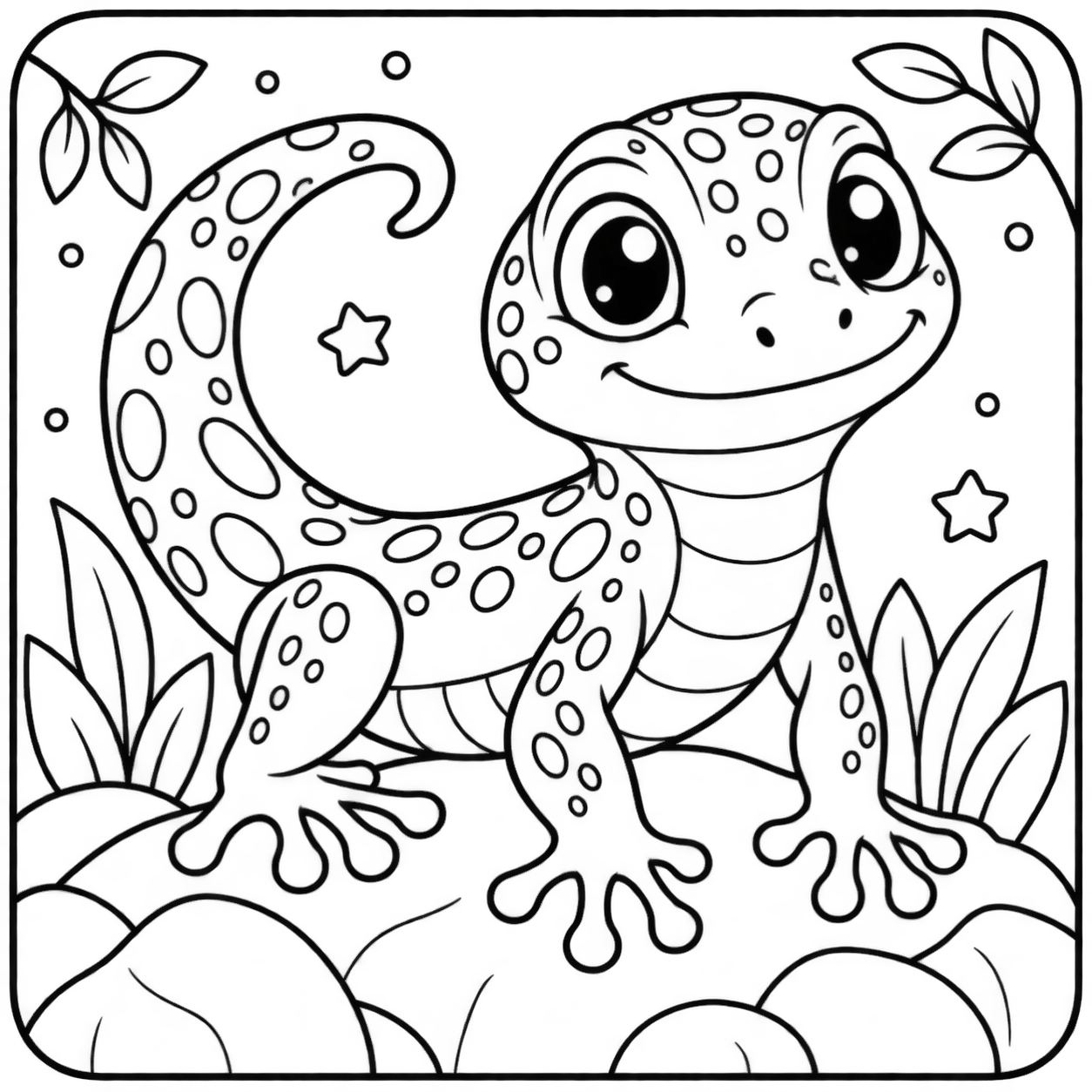 AI coloring page: I want you put in a square with round corners a drawing of a lizard in a place   — free printable line art
