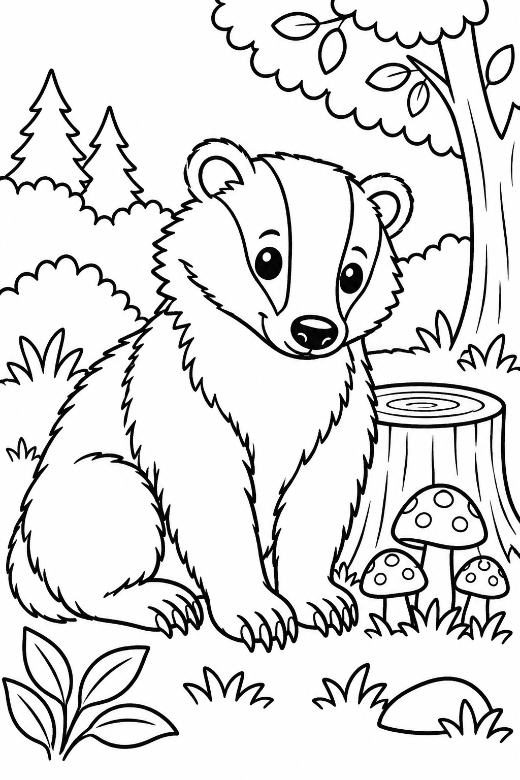AI coloring page: Cute badger sitting beside a small tree stump with a few mushrooms nearby. Kids  — free printable line art