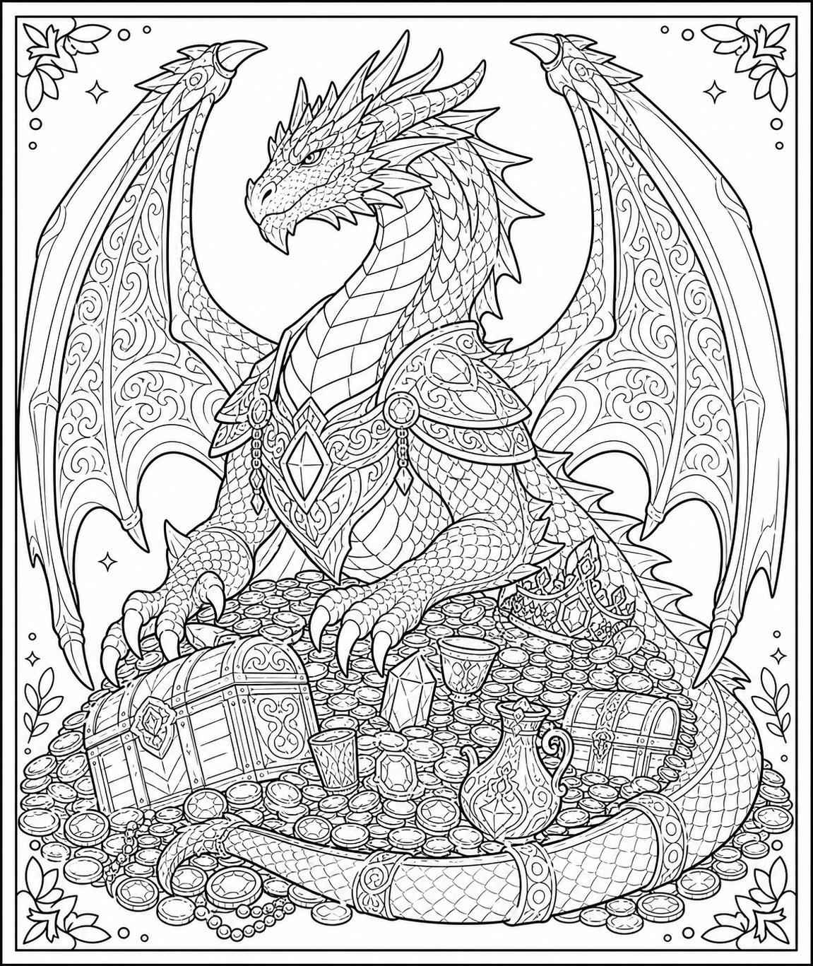 AI coloring page: a majestic dragon guarding treasure — free printable line art