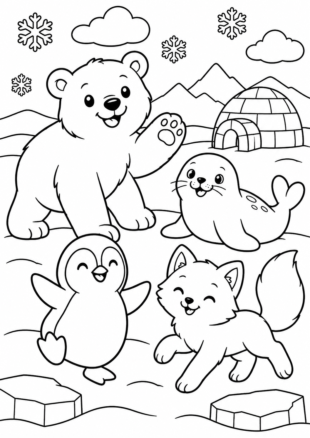 AI coloring page: Cute polar bear, seal, penguin and Arctic fox playing on a simple snowy landscap — free printable line art