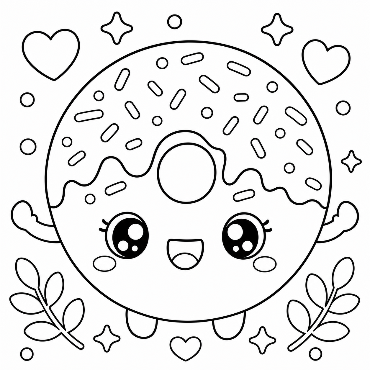 AI coloring page: a kawaii donut with sprinkles — free printable line art