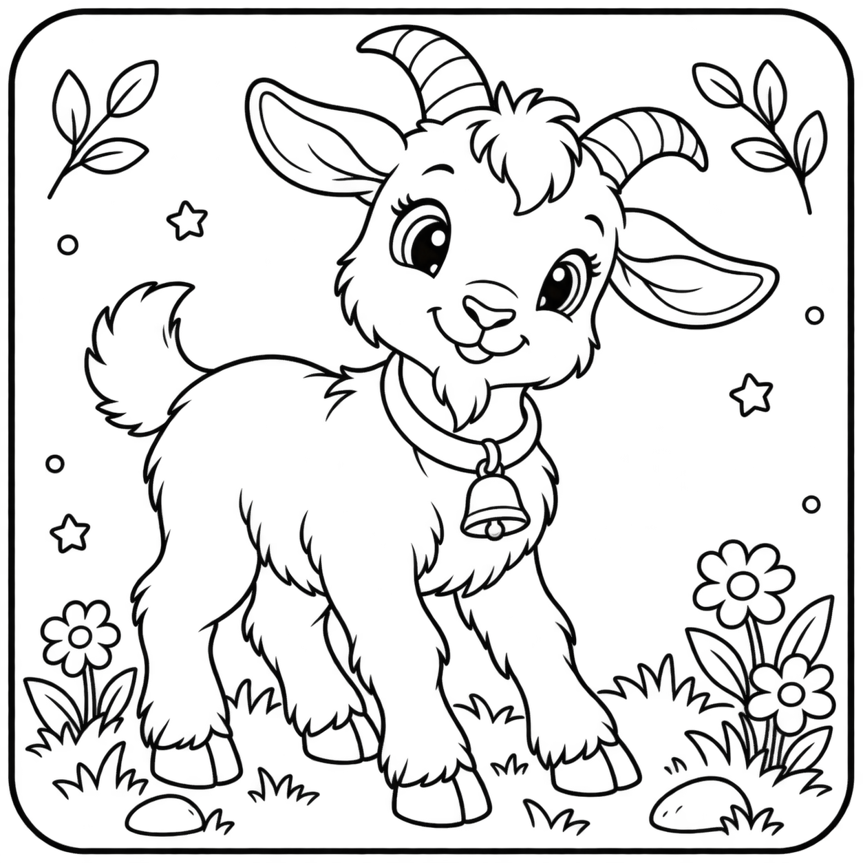 AI coloring page: I want you put in a square with round corners a drawing of a goat don’t put any  — free printable line art