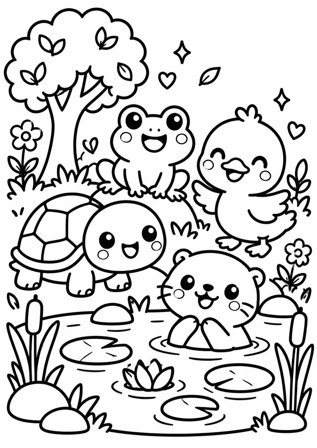 AI coloring page: Cute turtle, frog, duck and little otter playing beside a small woodland pond. I — free printable line art