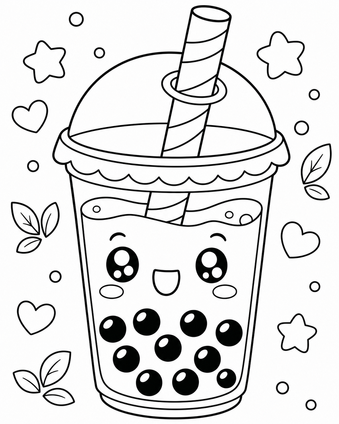 AI coloring page: a kawaii boba tea cup — free printable line art