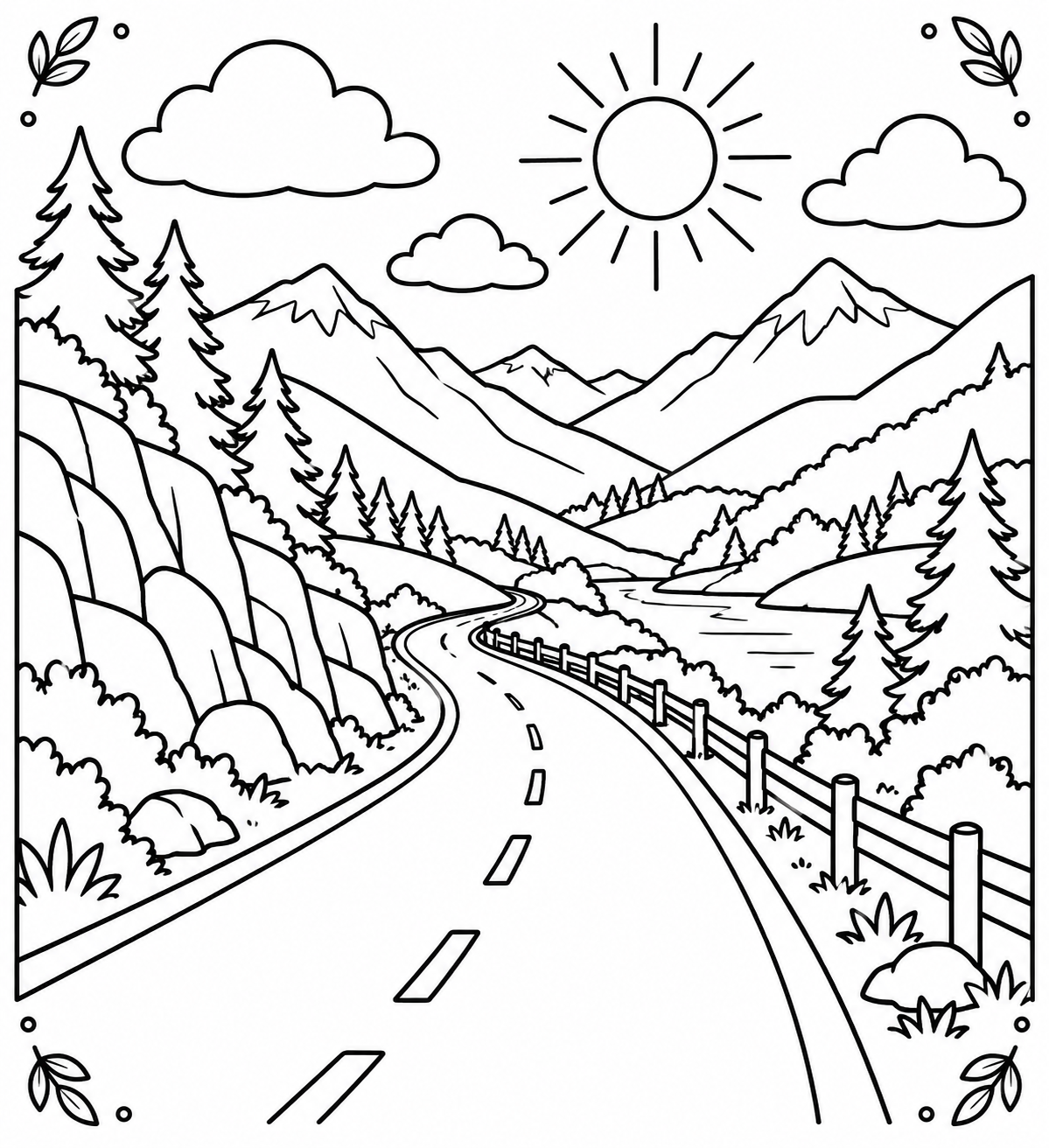 AI coloring page: A road far in the valley — free printable line art