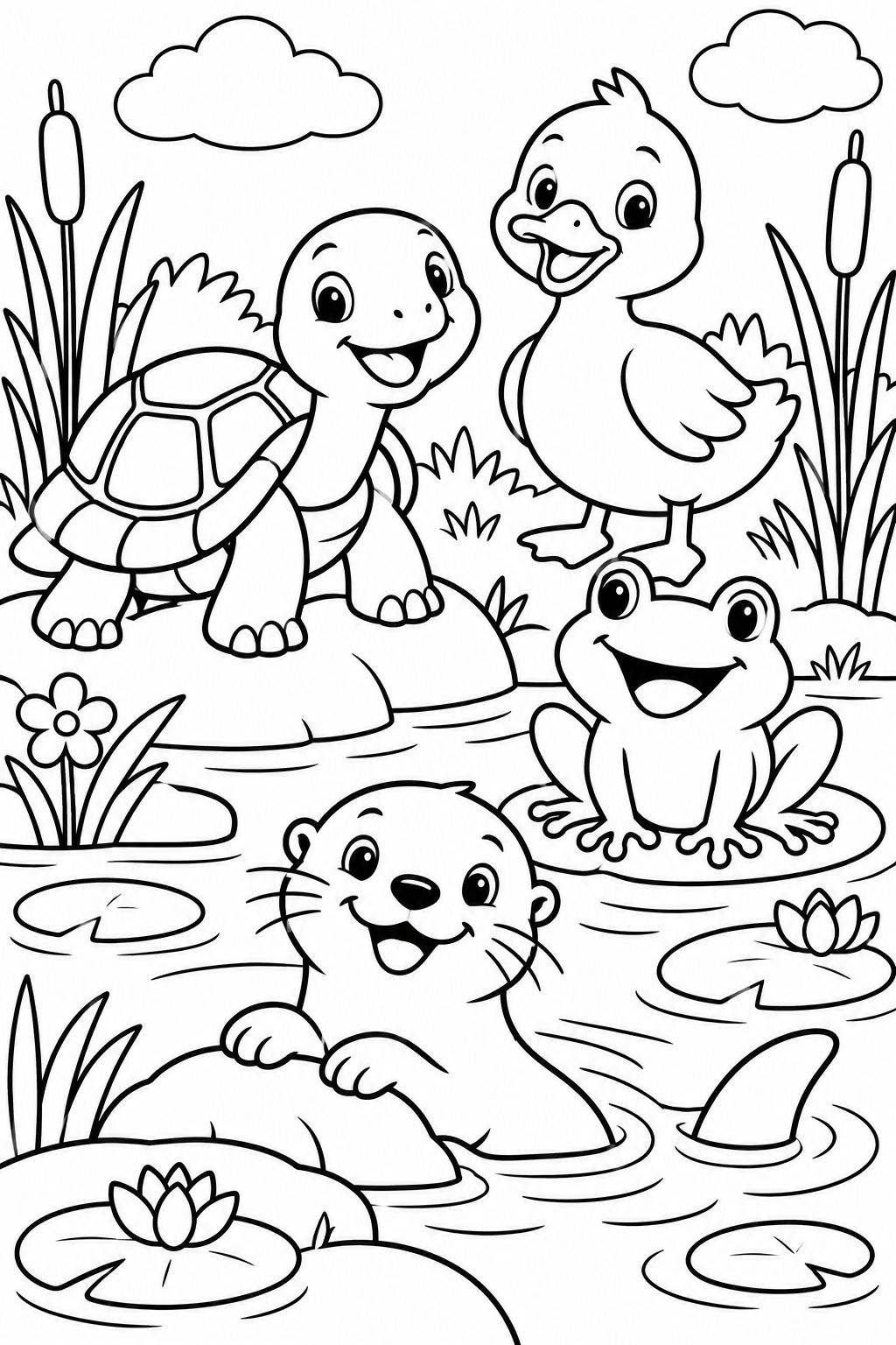 AI coloring page: Cute turtle, frog, duck and little otter having a fun adventure beside a small p — free printable line art