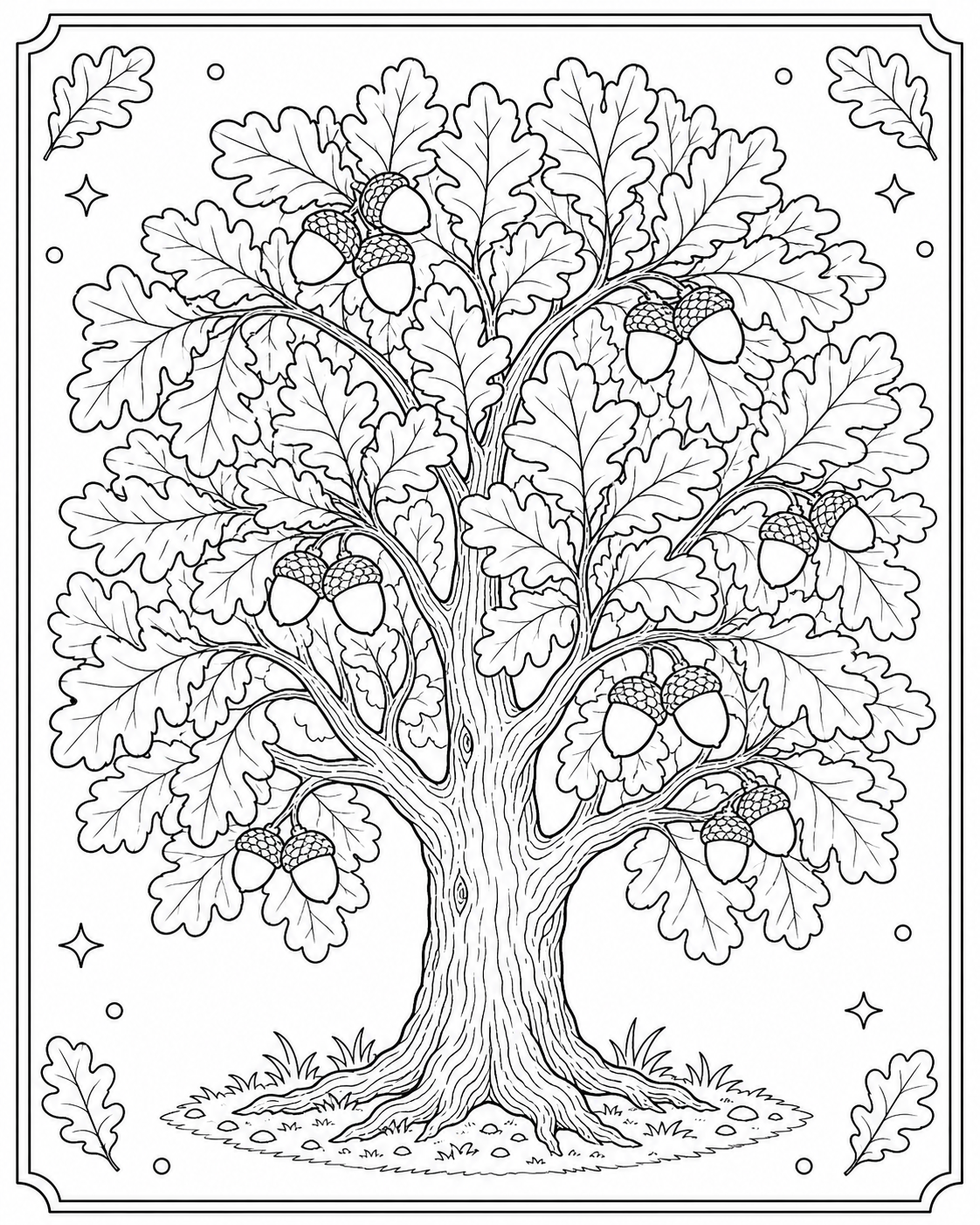 AI coloring page: a detailed oak tree with acorns — free printable line art