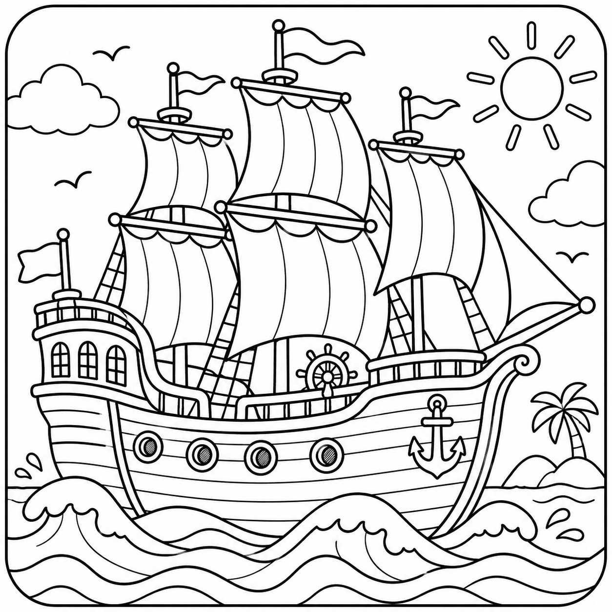 AI coloring page: I want you put in a square with round corners a drawing of a ship don’t put any  — free printable line art