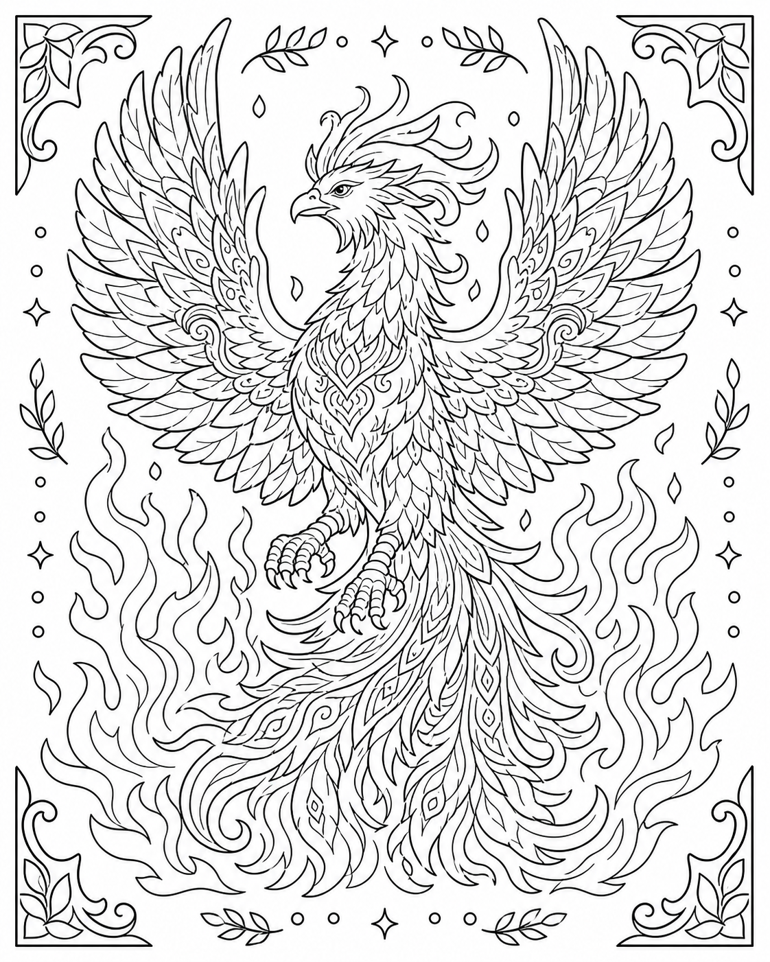 AI coloring page: a phoenix rising from flames — free printable line art