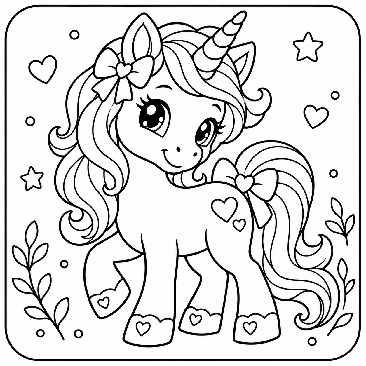 AI coloring page: I want you put in a square with round corners a drawing of a cute unicorn don’t  — free printable line art