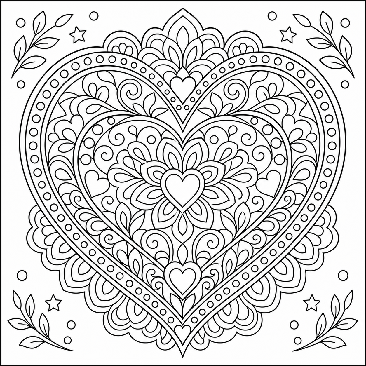 AI coloring page: a heart mandala for relaxation — free printable line art