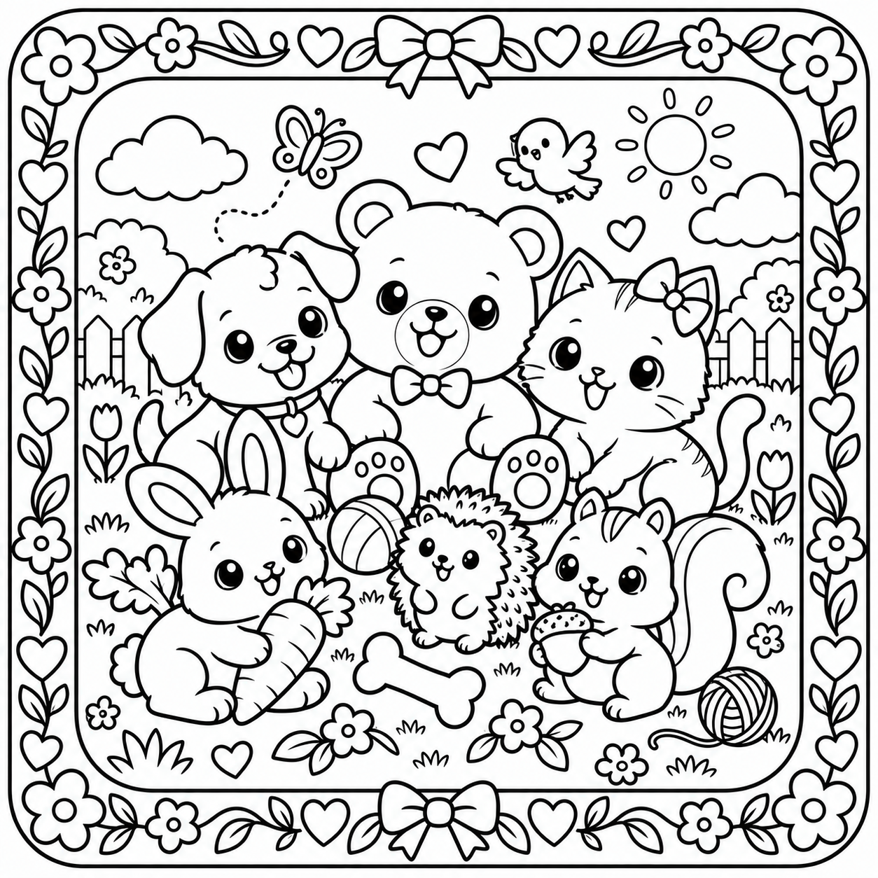 AI coloring page: Cute kawaii coloring page with adorable dogs, cats, bunnies, bears, and other an — free printable line art
