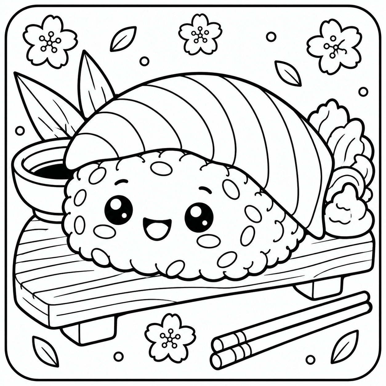 AI coloring page: I want you put in a square with round corners a drawing of a sushi  don’t put an — free printable line art