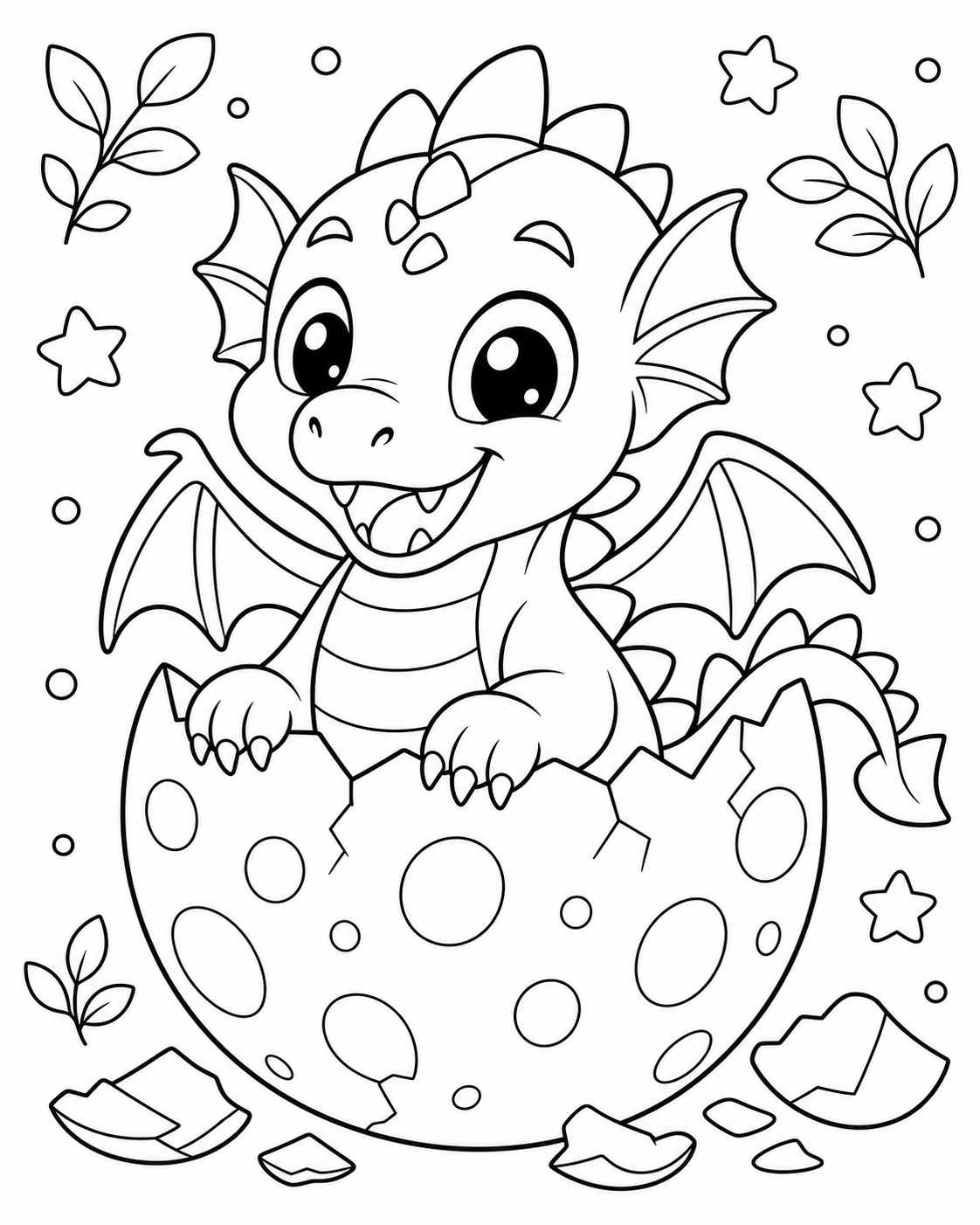 AI coloring page: a baby dragon hatching from an egg — free printable line art