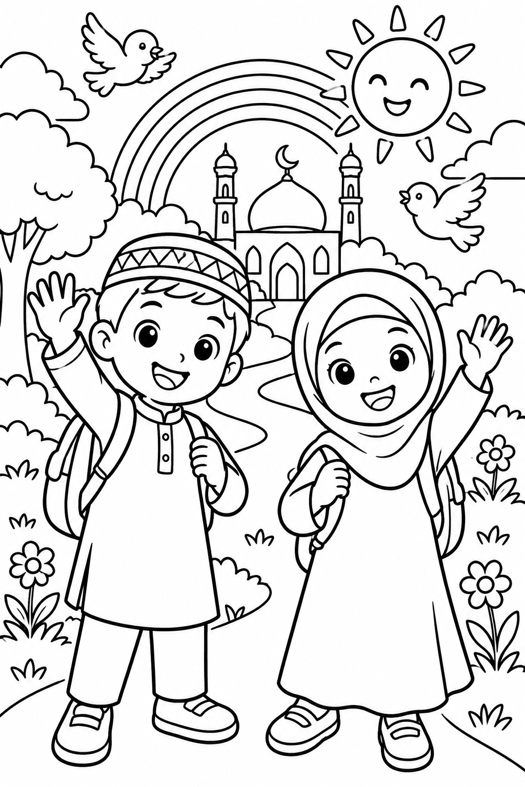 AI coloring page: Islamic coloring book page for children ages 3-8, black and white line art only, — free printable line art