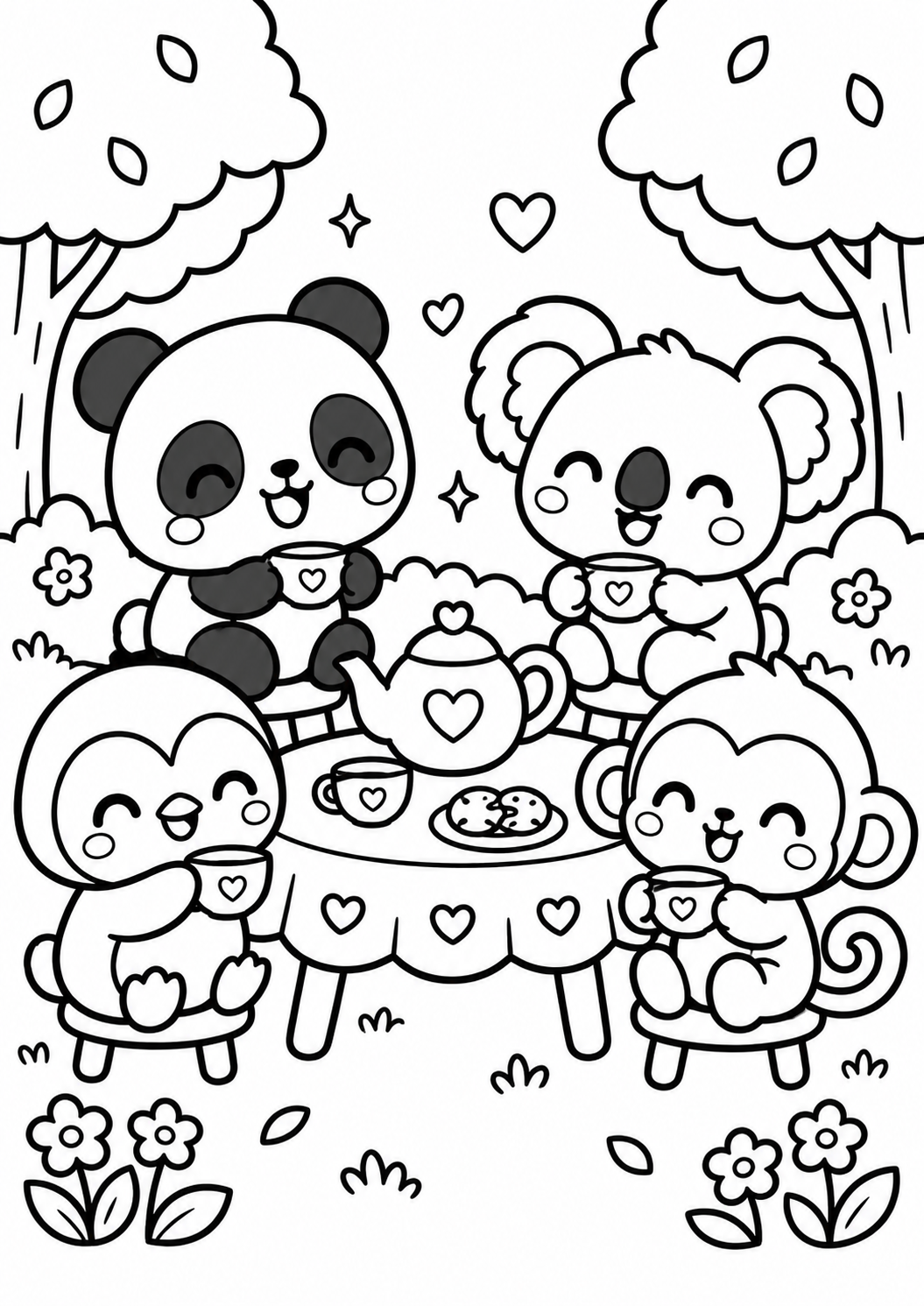 AI coloring page: Cute panda, koala, penguin and monkey having a simple tea party in a forest clea — free printable line art