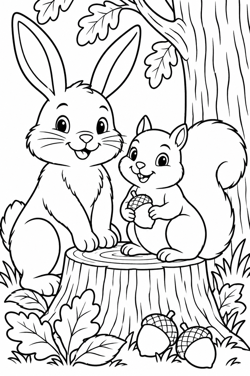 AI coloring page: Cute smiling rabbit and squirrel sitting together beside a tree stump with leave — free printable line art
